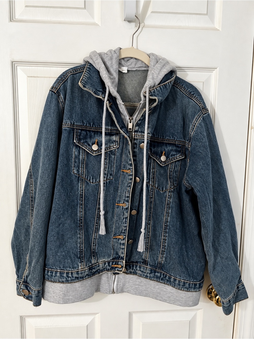 Denim Jacket with Gray Hoodie Layer